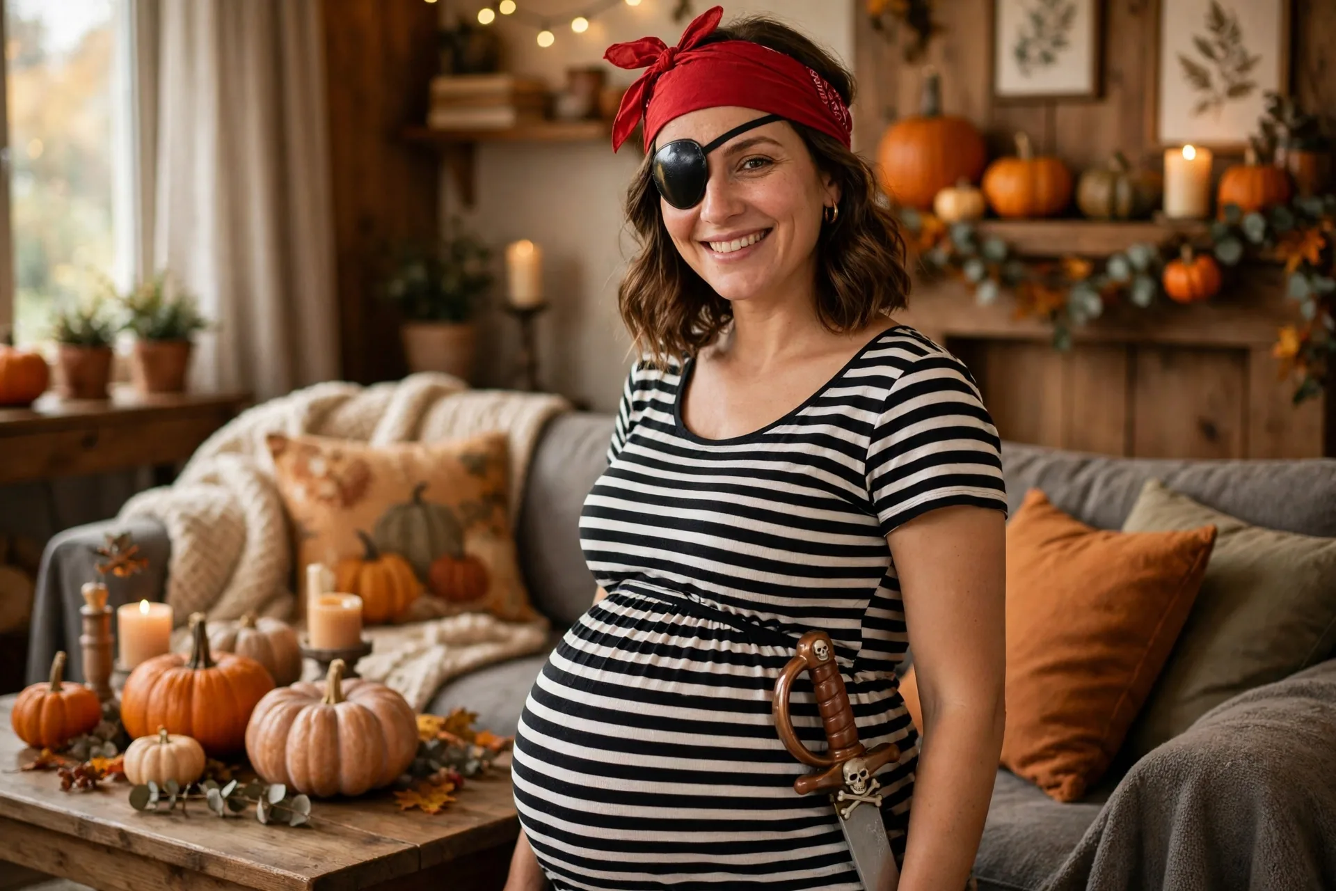 Pregnant mom dressed as a pirate with a striped top, red bandana and eye patch