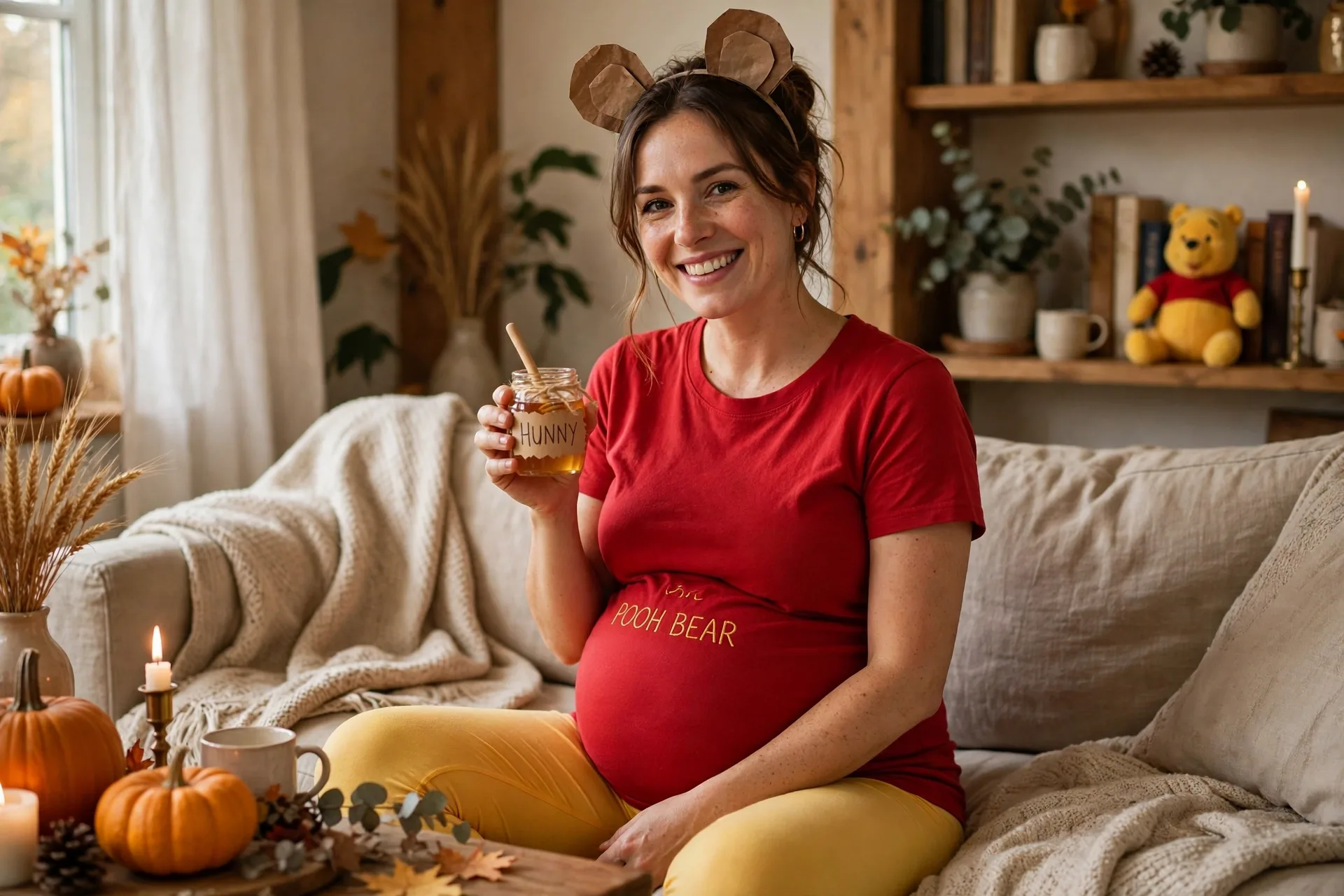 Pregnant mom dressed as Winnie the Pooh with a red maternity tee and yellow leggings over her bump