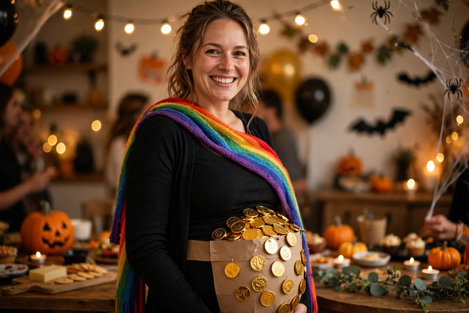 Pregnant mom dressed as a pot of gold with a paper pot and gold coins over her bump and a rainbow scarf