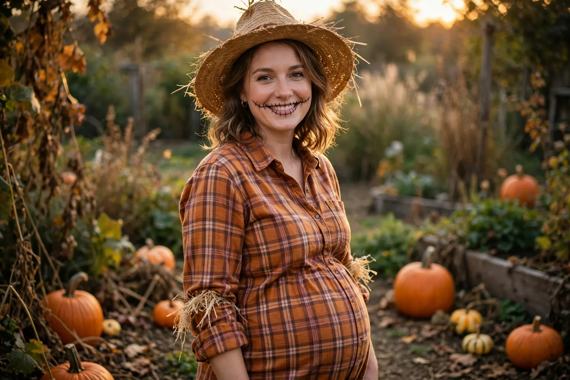 Pregnant mom dressed as a scarecrow with a plaid shirt, straw hat and stitched smile