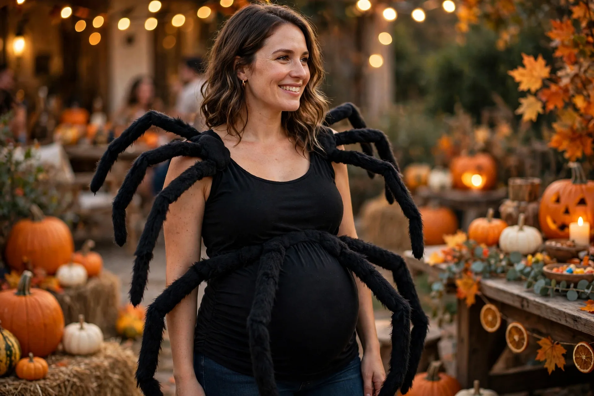 Pregnant mom dressed as a friendly spider with black felt legs and big paper eyes over her bump