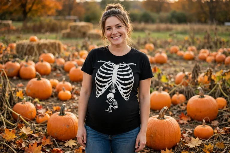 Pregnant mom in a black skeleton tee with a tiny baby skeleton over her bump in a pumpkin patch