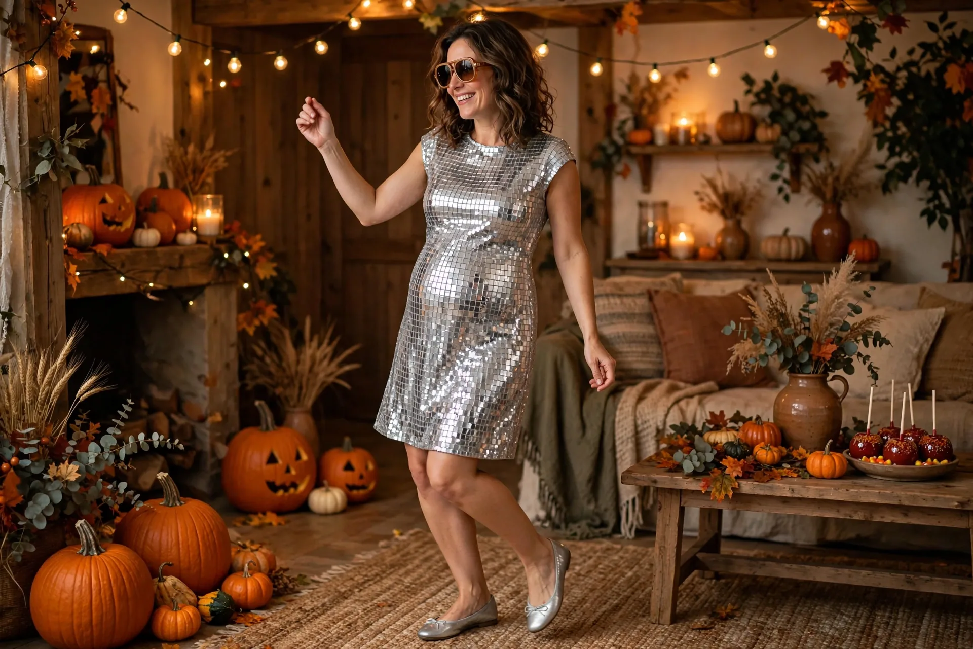 Pregnant mom in a silver disco-ball dress with 70s sunglasses dancing at a Halloween party