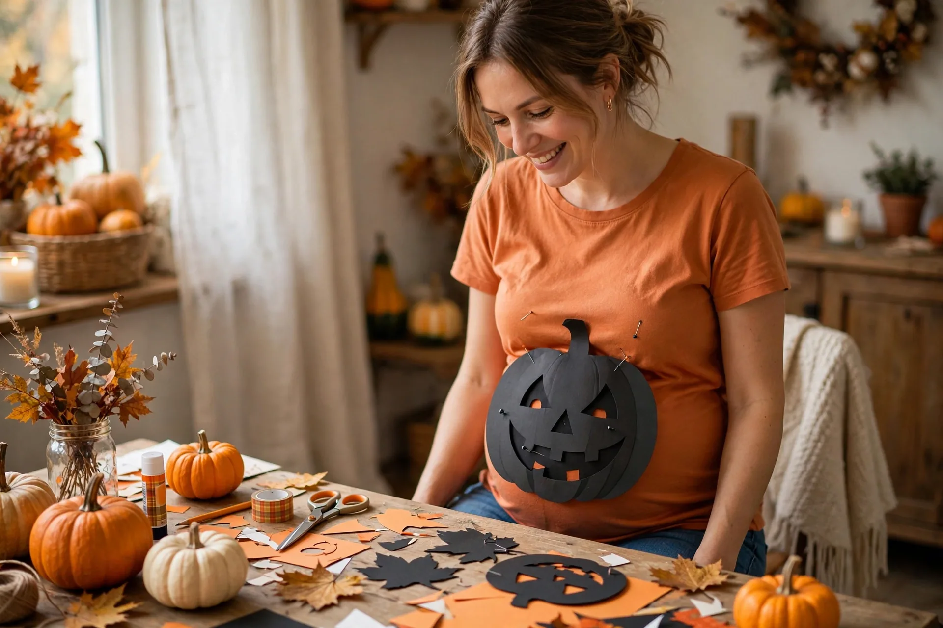 Pregnant mom pinning a paper jack-o-lantern face onto an orange tee over her baby bump
