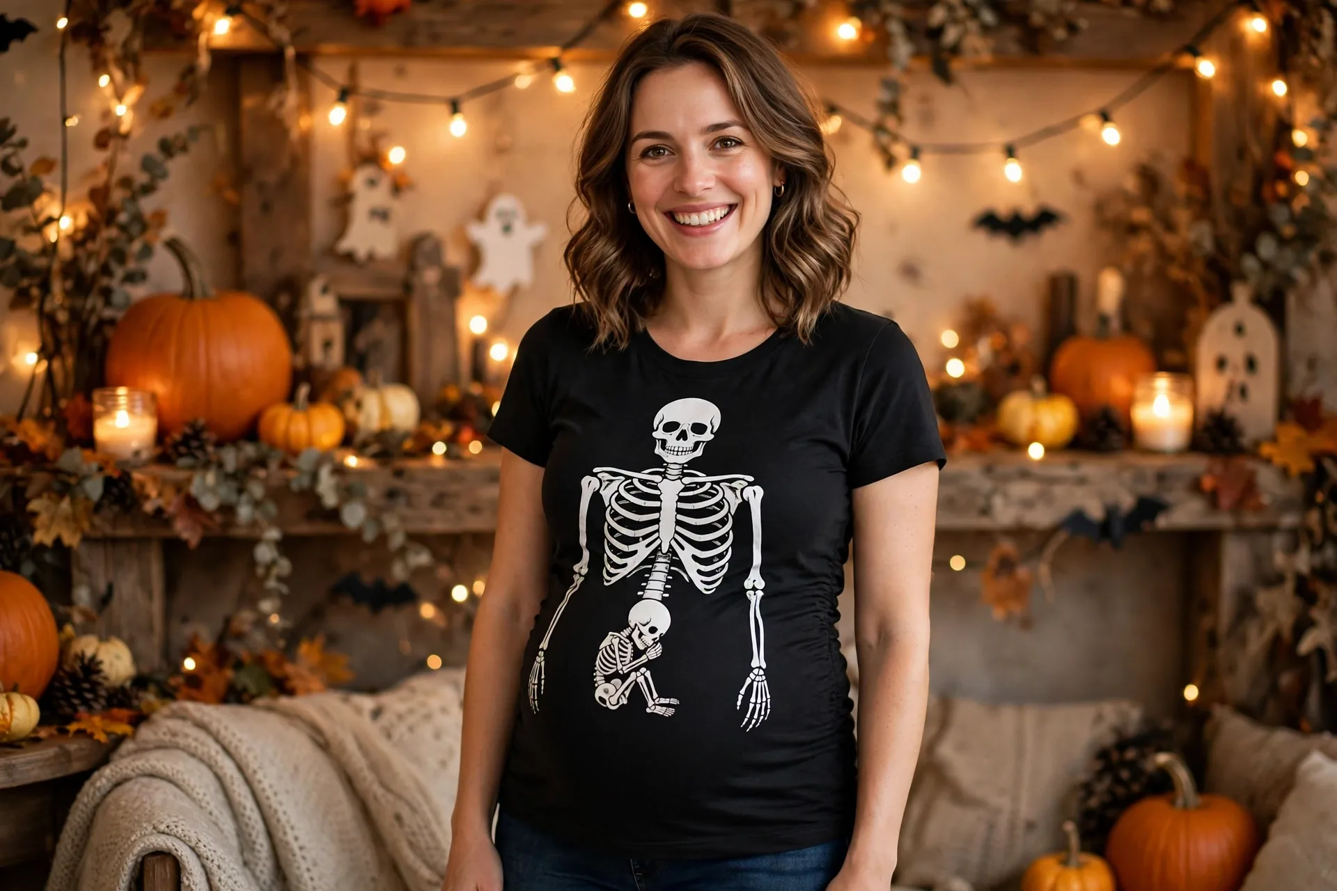 Pregnant mom wearing a black maternity skeleton tee at a cozy Halloween party
