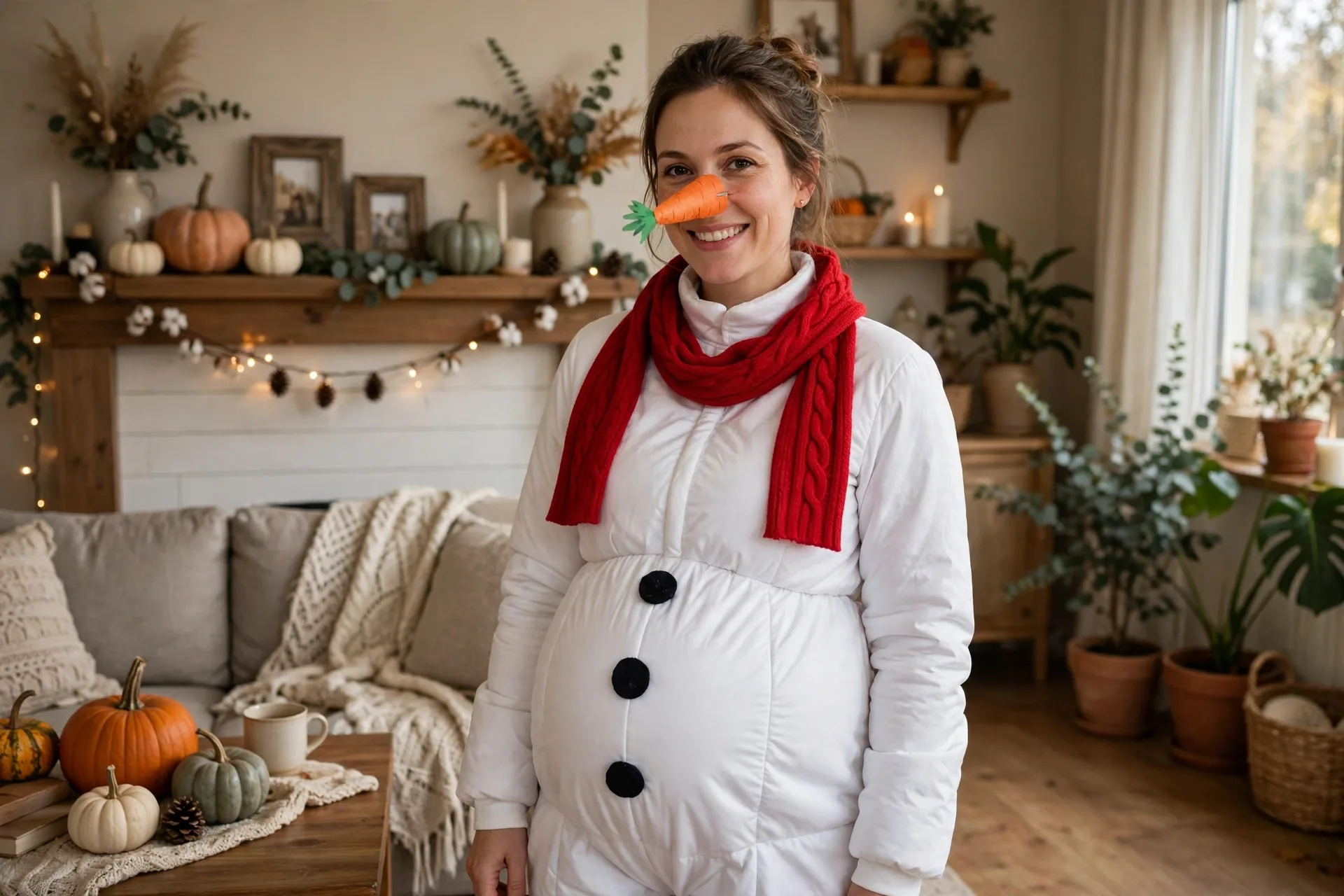 Pregnant mom dressed as a snowman with a paper carrot nose, coal buttons, and red scarf