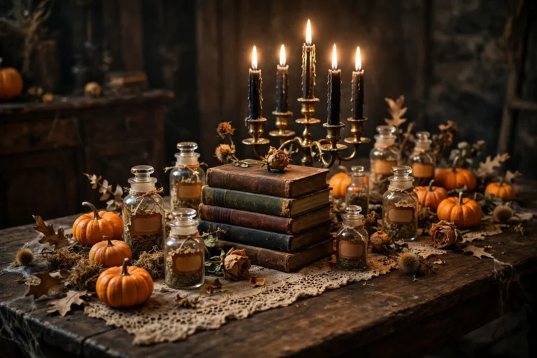 A vintage Halloween dining table with a stack of old books, brass candelabra with tall tapers, apothecary jars with amber labels, and warm candlelight