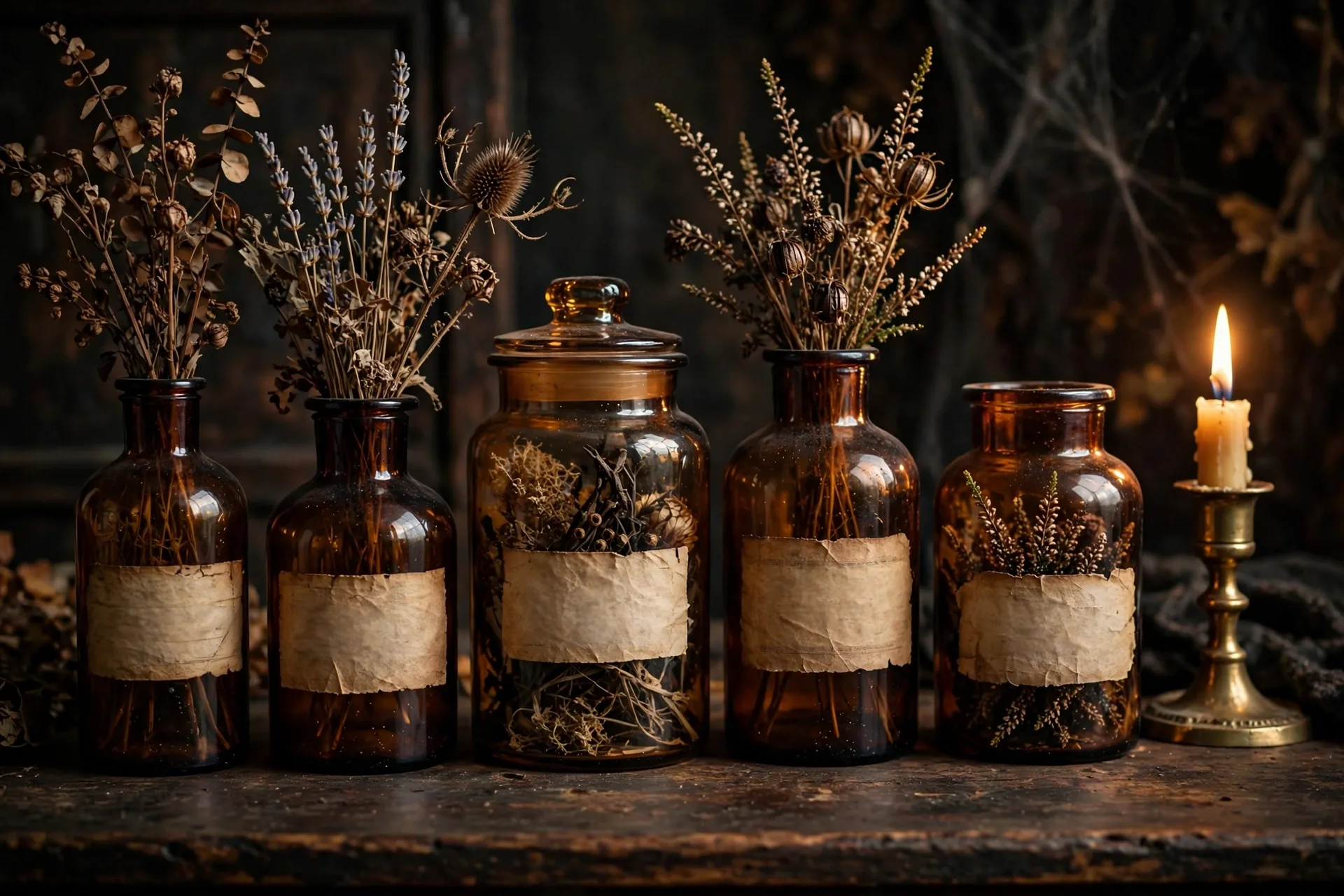 A vintage Halloween apothecary row with amber bottles and jars wearing hand-lettered amber labels, lined down a dark table