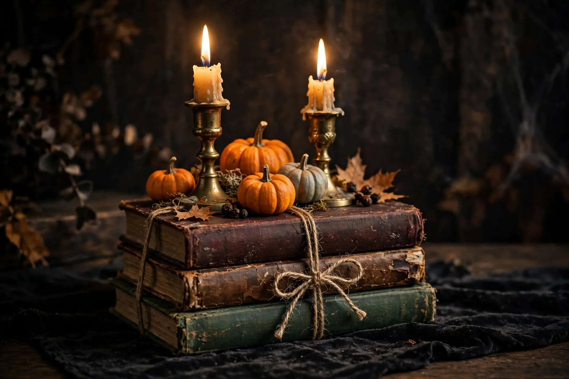 A vintage Halloween book-stack centerpiece with old hardcovers, brass candlesticks, and mini pumpkins on a dark runner