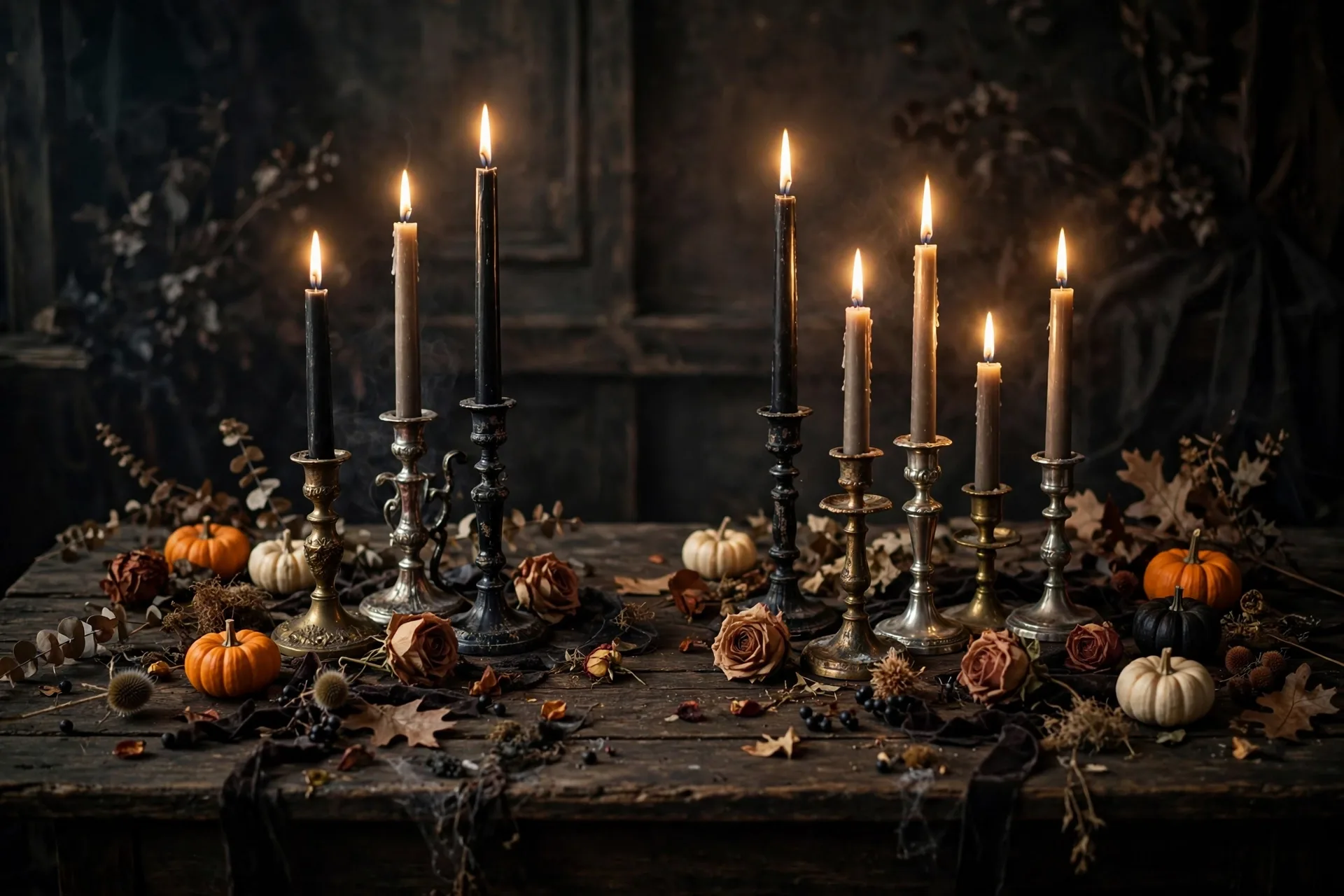 Mismatched brass, silver and black candlesticks with tall tapers and dried rose heads