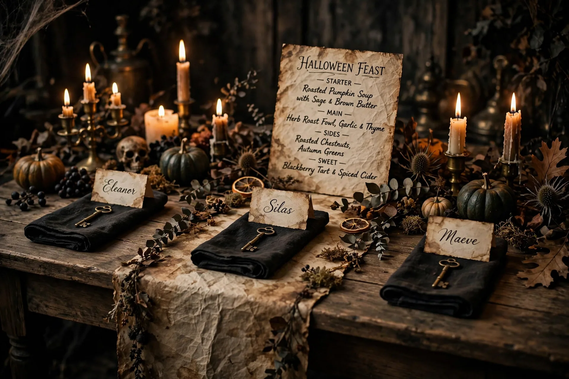 A tea-stained paper runner with handwritten place cards and a skeleton key under each napkin