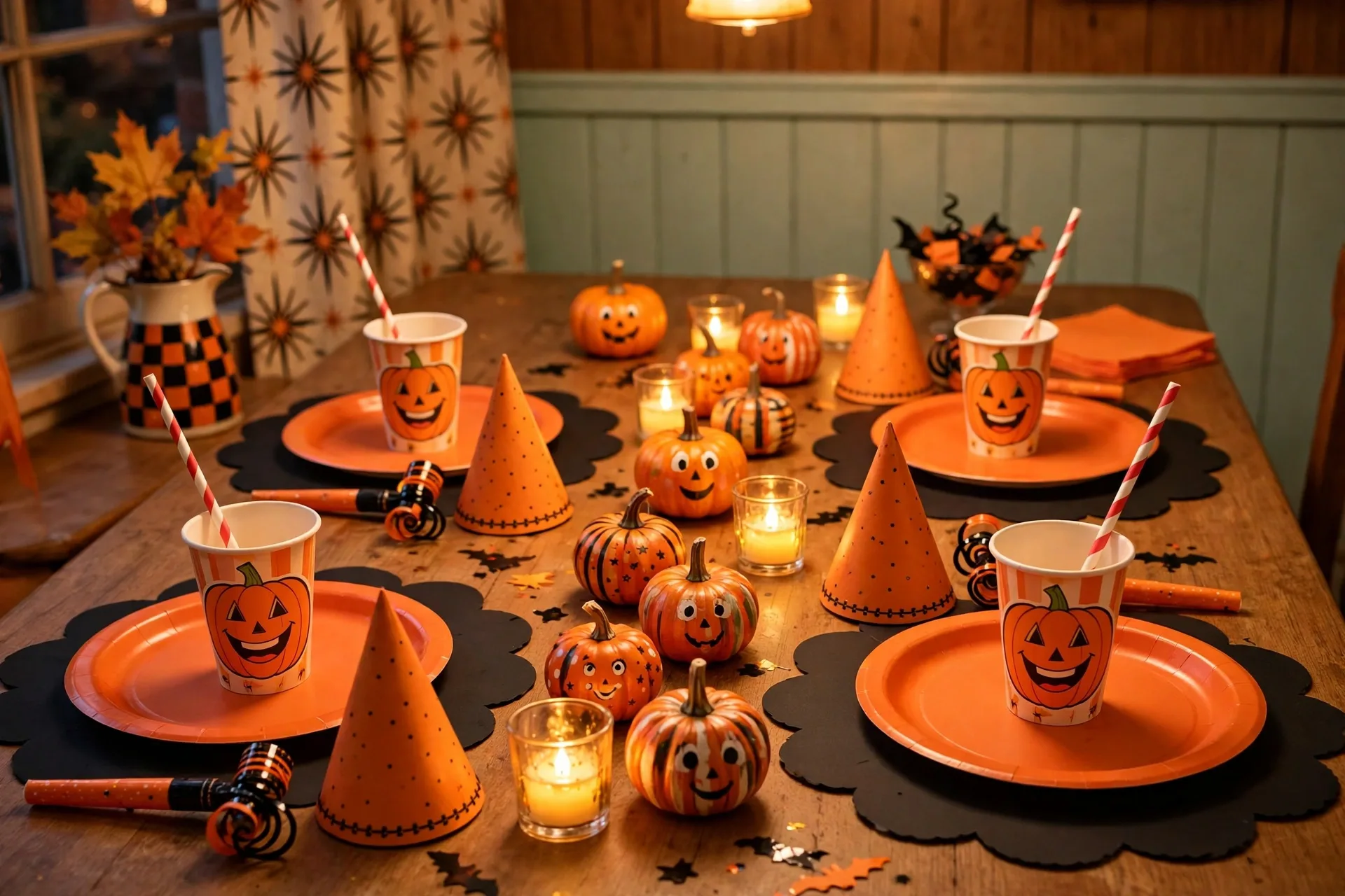 A kid-friendly vintage Halloween party table with retro orange paper plates, cone hats, painted mini pumpkins, and flameless candles