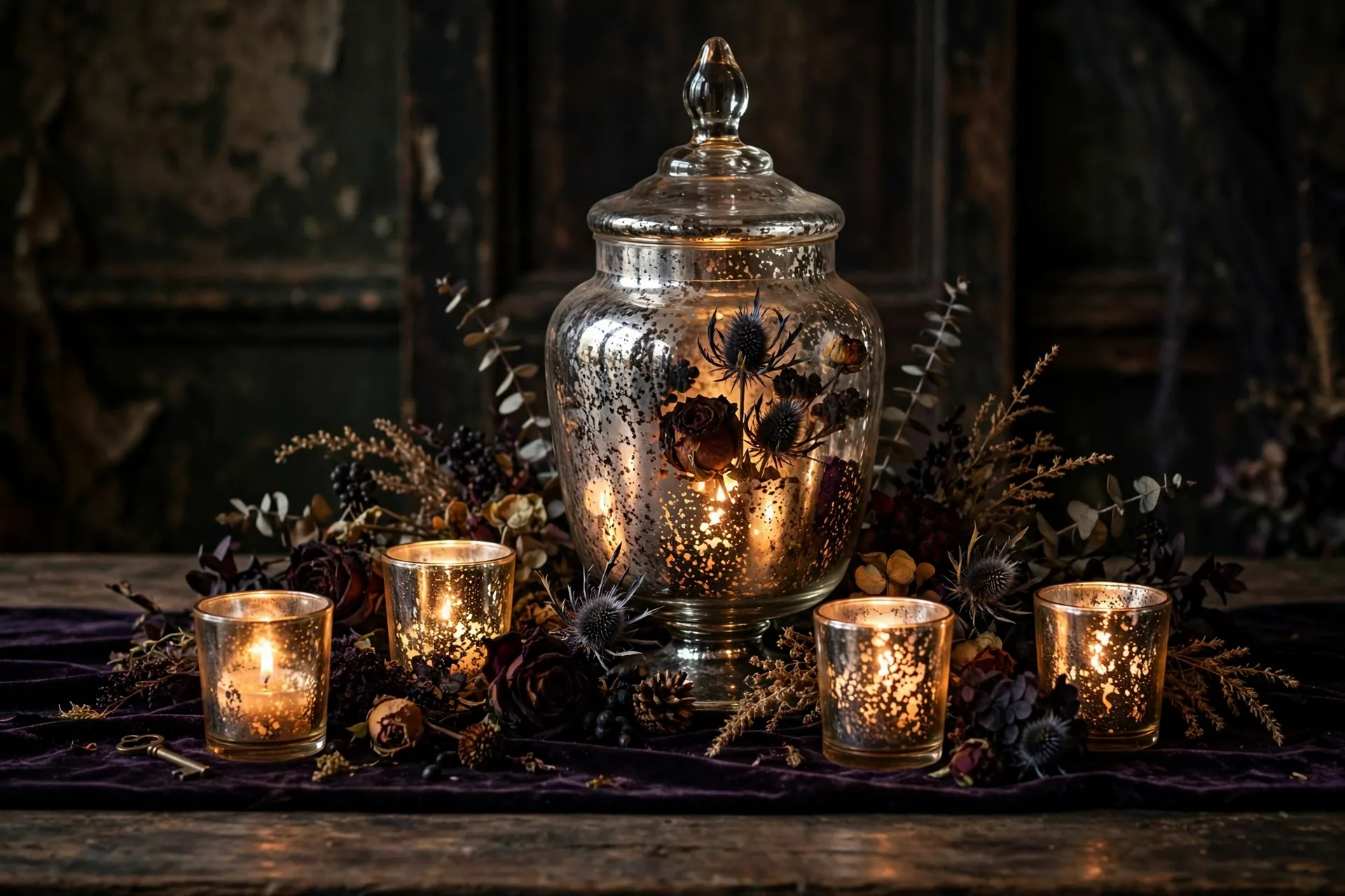 A vintage Halloween table glowing with mercury glass votives and an apothecary jar among dried rose heads