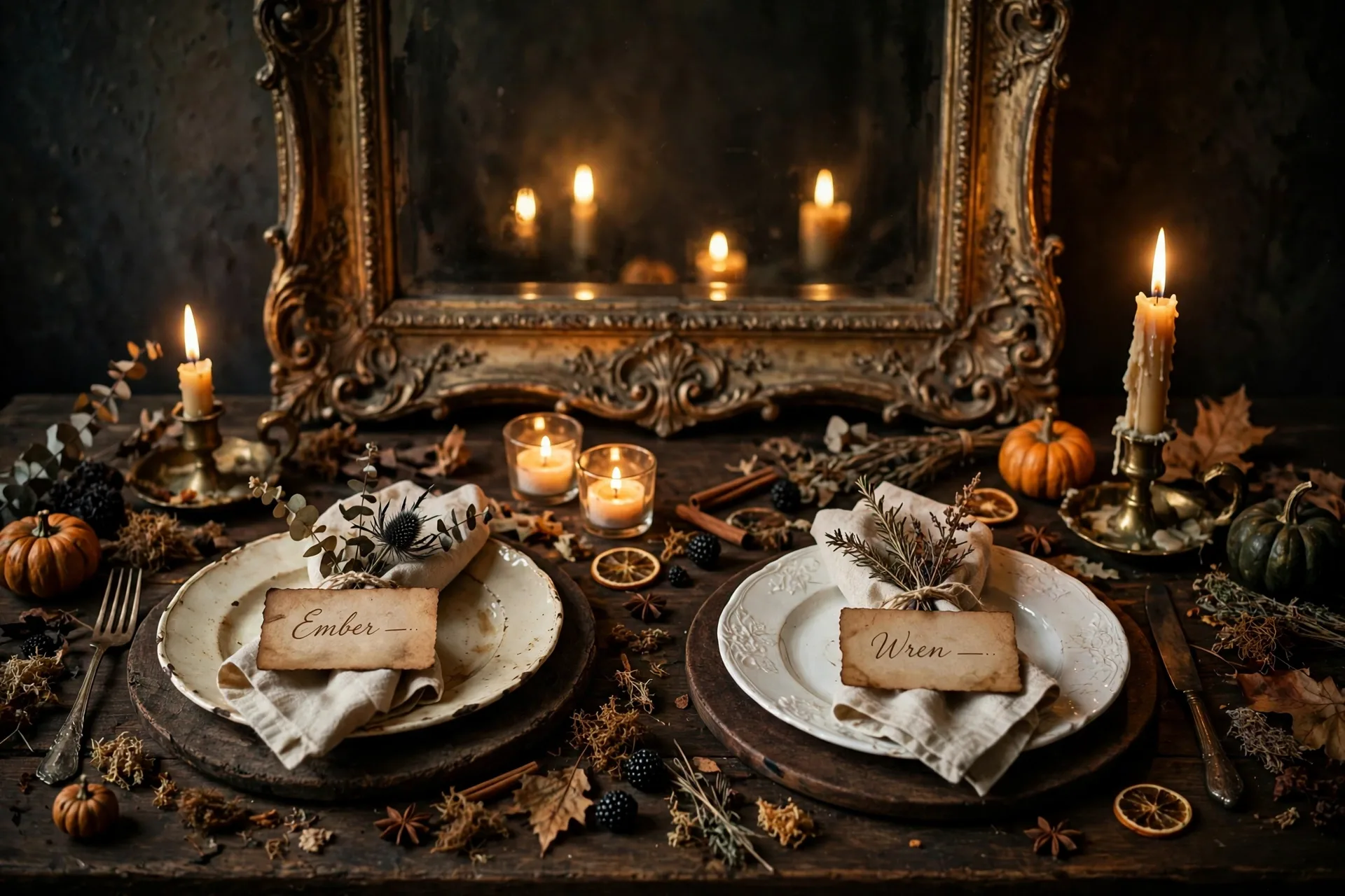 A flea-market plate story table with mismatched cream plates, dark wood chargers and an ornate mirror