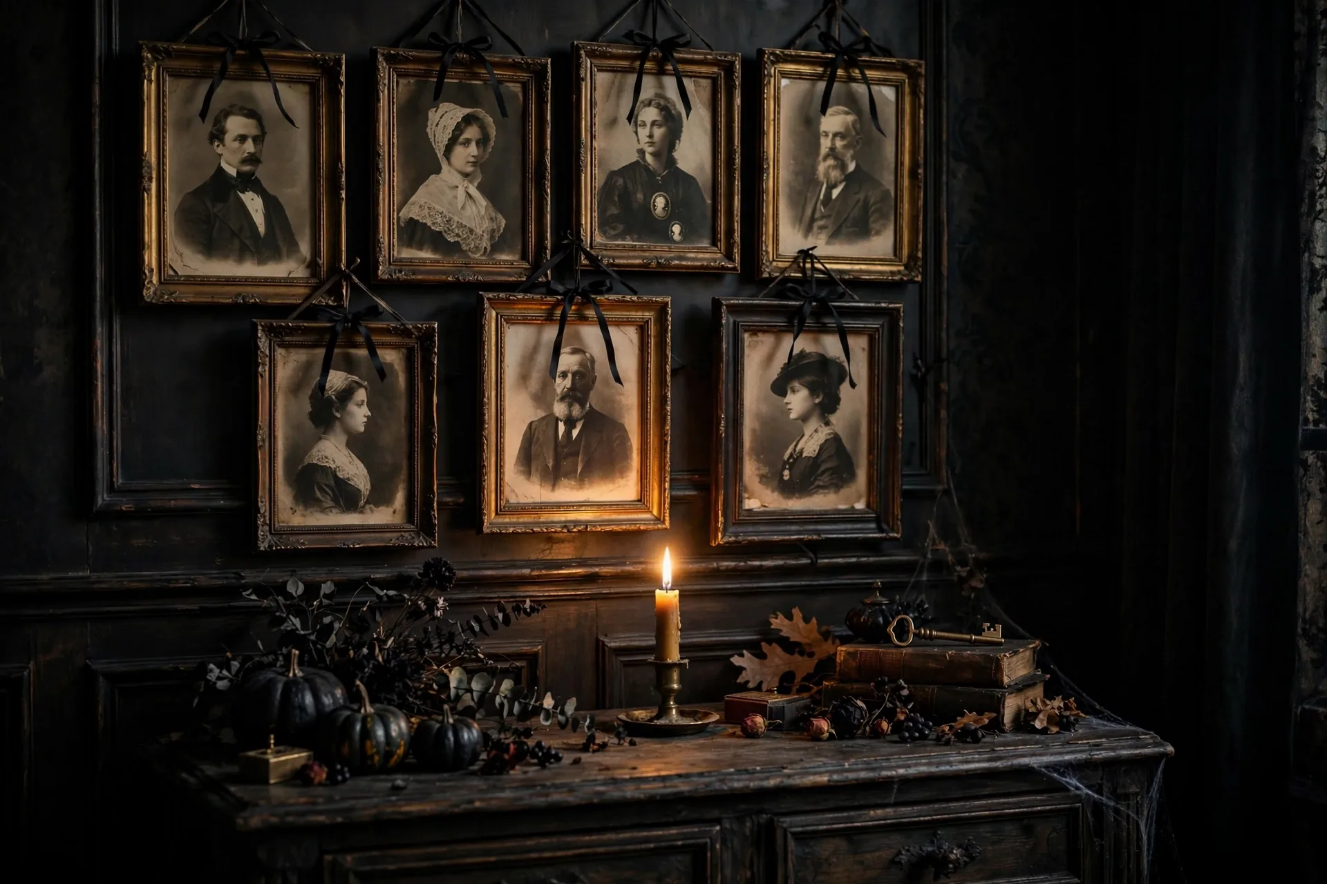 A gallery wall of framed sepia portraits tied with black ribbon above a sideboard