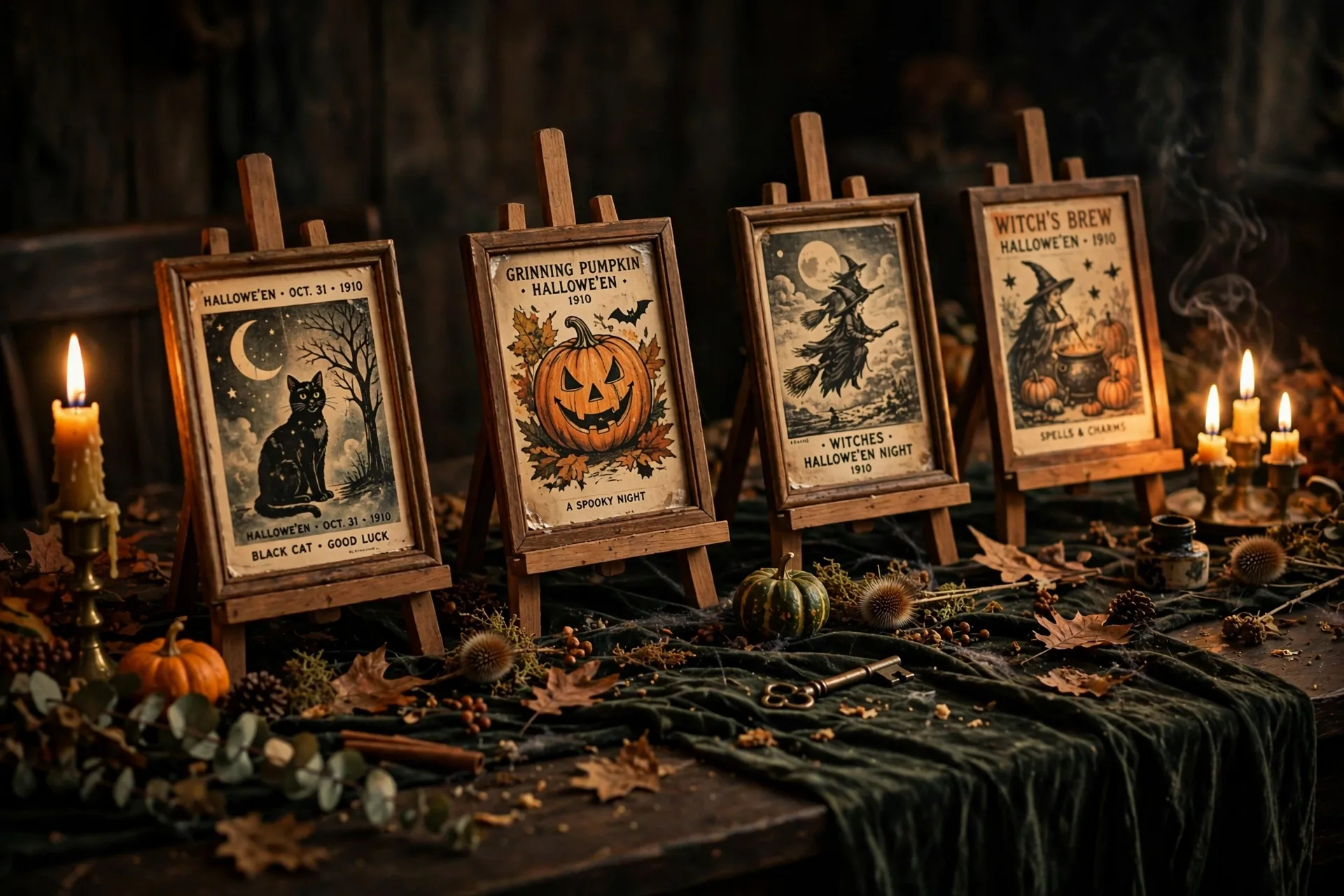 Framed vintage Halloween postcards with black cats and grinning pumpkins lined along a dark runner