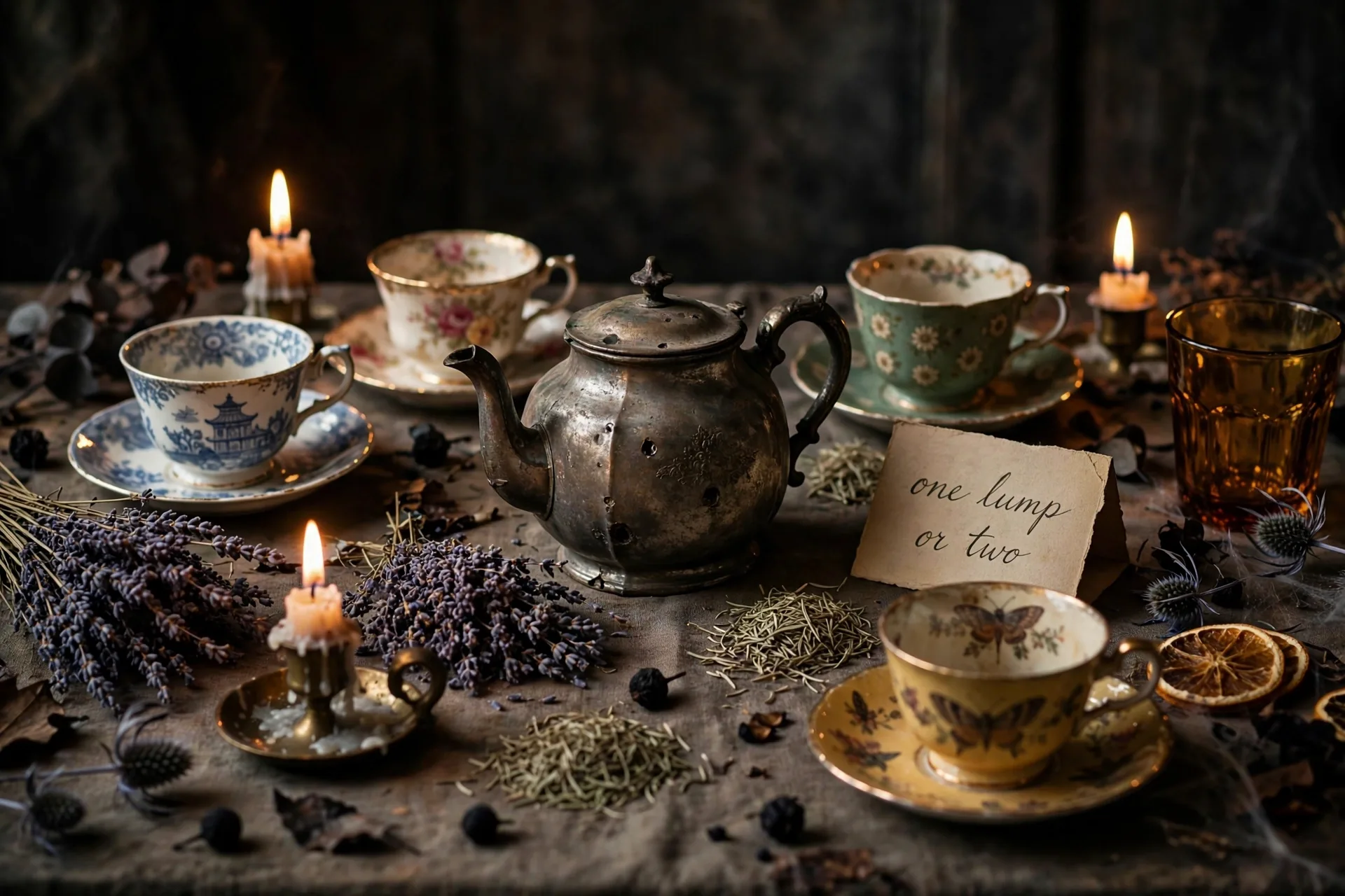 An old teapot ringed by mismatched vintage teacups with dried herbs and a hand-lettered card