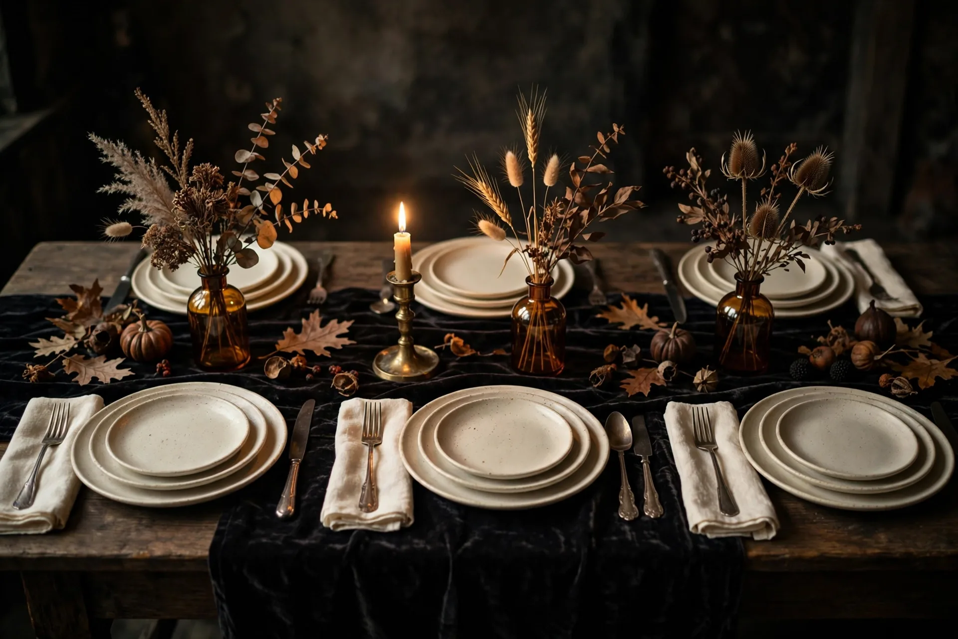A velvet runner table with amber bud vases, cream dinnerware and brass candlesticks