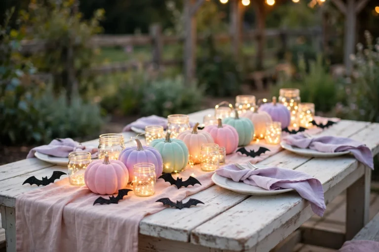 A whimsical pastel Halloween dining table with pink, lavender and mint painted pumpkins, glowing fairy-light jars, black glitter bats and a blush runner