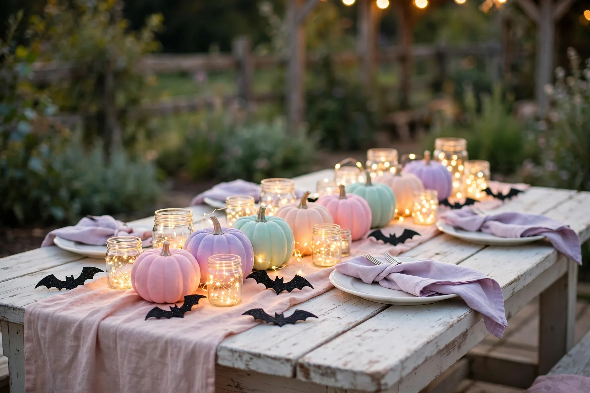 A whimsical pastel Halloween dining table with pink, lavender and mint painted pumpkins, glowing fairy-light jars, black glitter bats and a blush runner