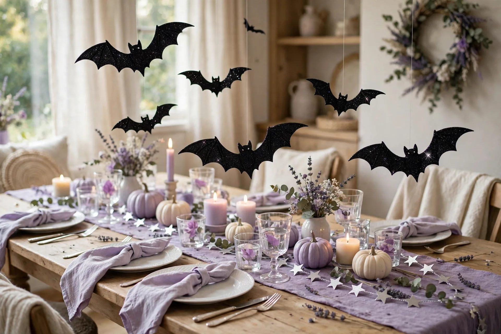 Black glitter bats swooping across a lavender Halloween table runner with a silver star garland