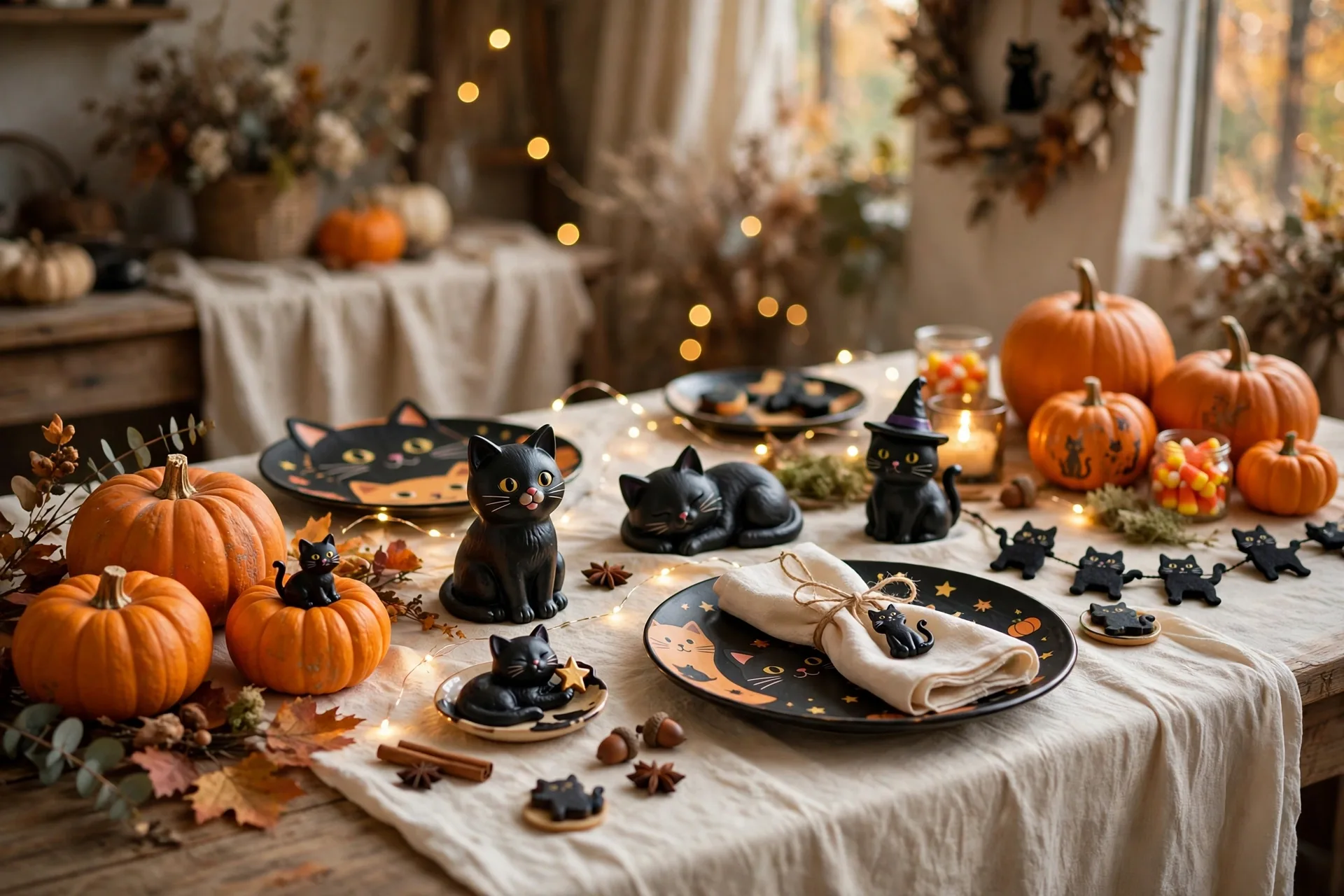 A Halloween table with cute black cat figurines and plates, orange pumpkins and fairy lights on a cream tablecloth