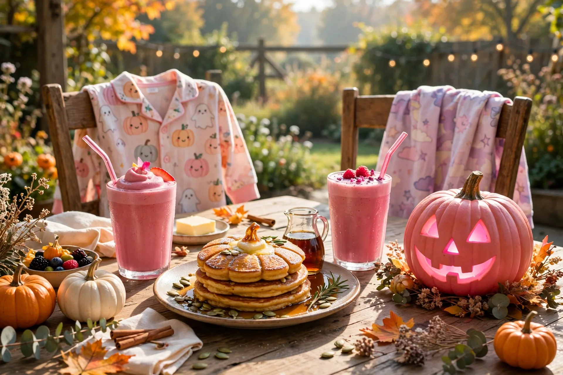 A Halloween morning breakfast table with pumpkin pancakes, pink smoothies and a glowing pink jack o lantern