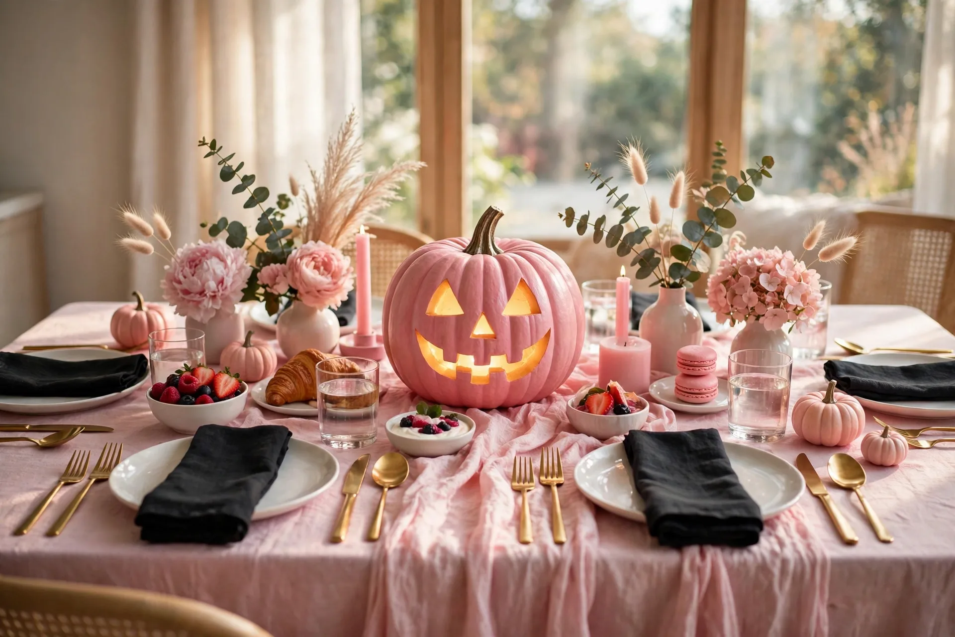 An all-pink Halloween brunch table with a pink tablecloth, black napkins and a glowing carved pink pumpkin