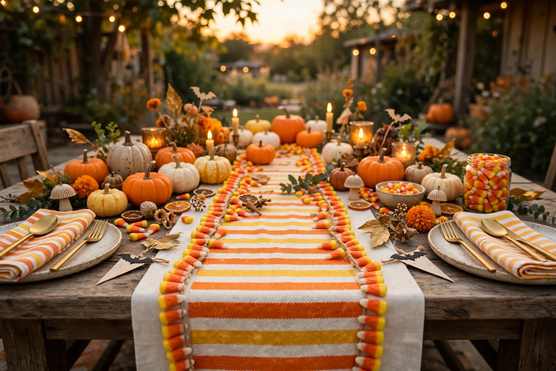 A Halloween table with candy corn sunset stripes in white, orange and yellow down a cream runner