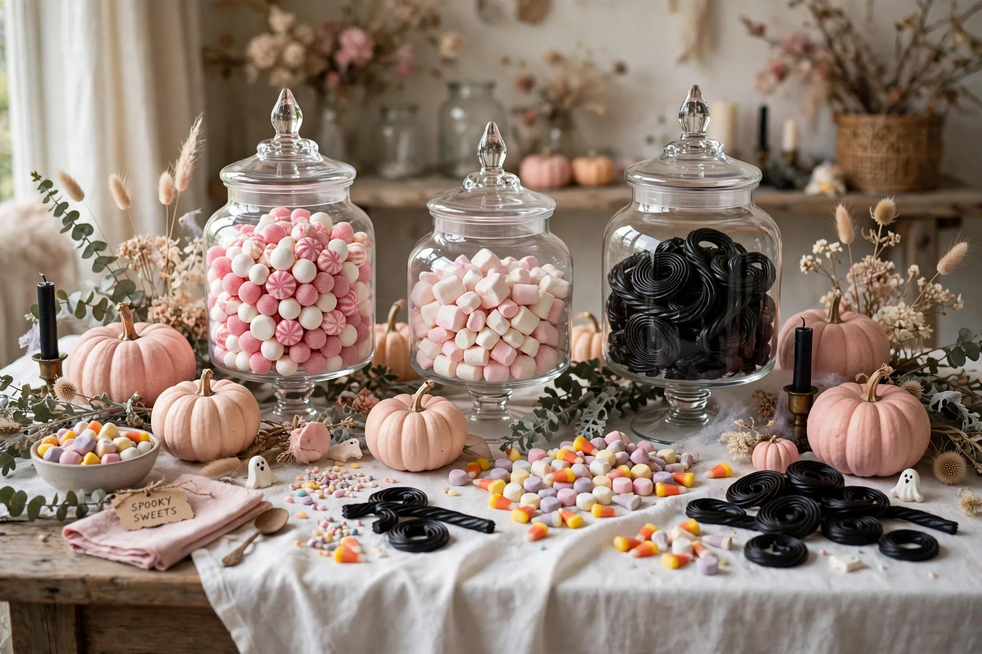 Apothecary jars of pink and white candy with blush pumpkins and black licorice twists on a white tablecloth