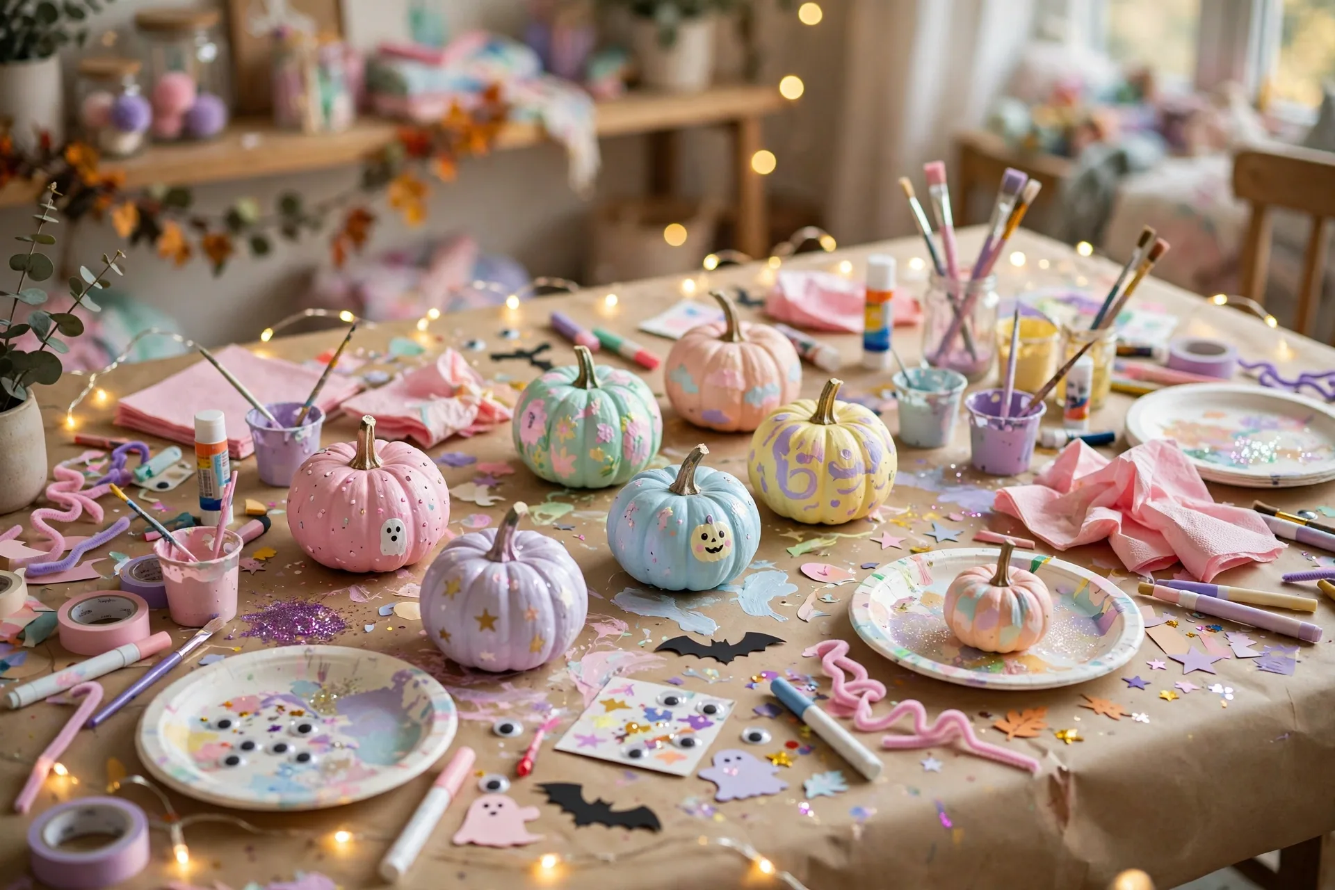 A kids Halloween craft table covered in kraft paper with mini pumpkins painted in pastels and fairy lights