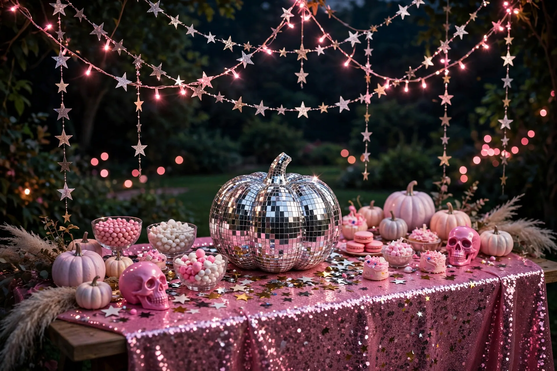 A disco-ball mirror-tiled pumpkin centerpiece on a pink sequin tablecloth with candy, pink skulls and star garlands