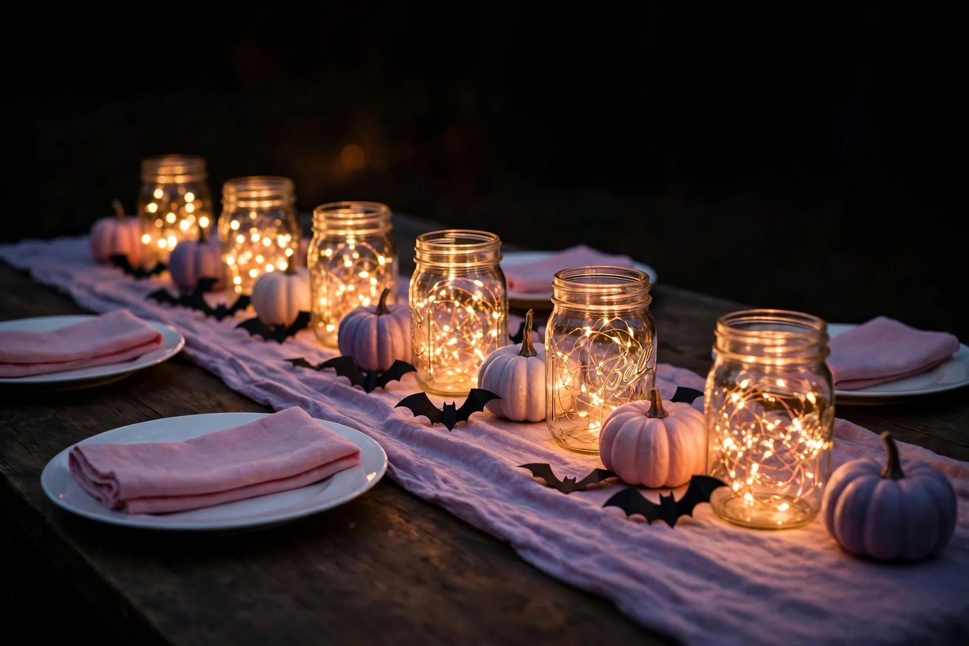 Mason jars filled with glowing fairy lights down a purple runner at a whimsical Halloween dinner table