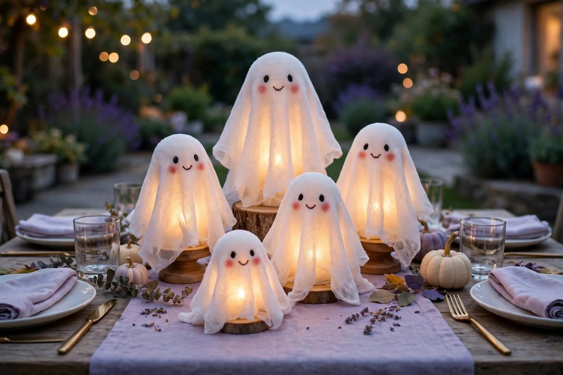 Cute glowing cheesecloth ghosts with rosy cheeks down the center of a lavender Halloween tablescape
