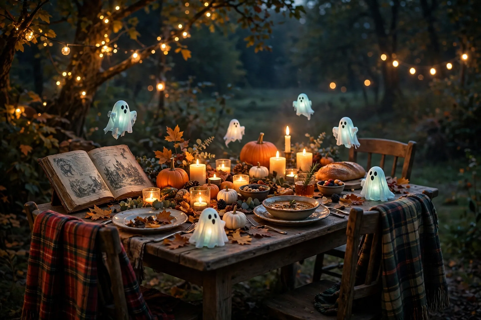 A cozy Halloween supper table by candlelight with a storybook, small glowing ghosts and plaid blankets