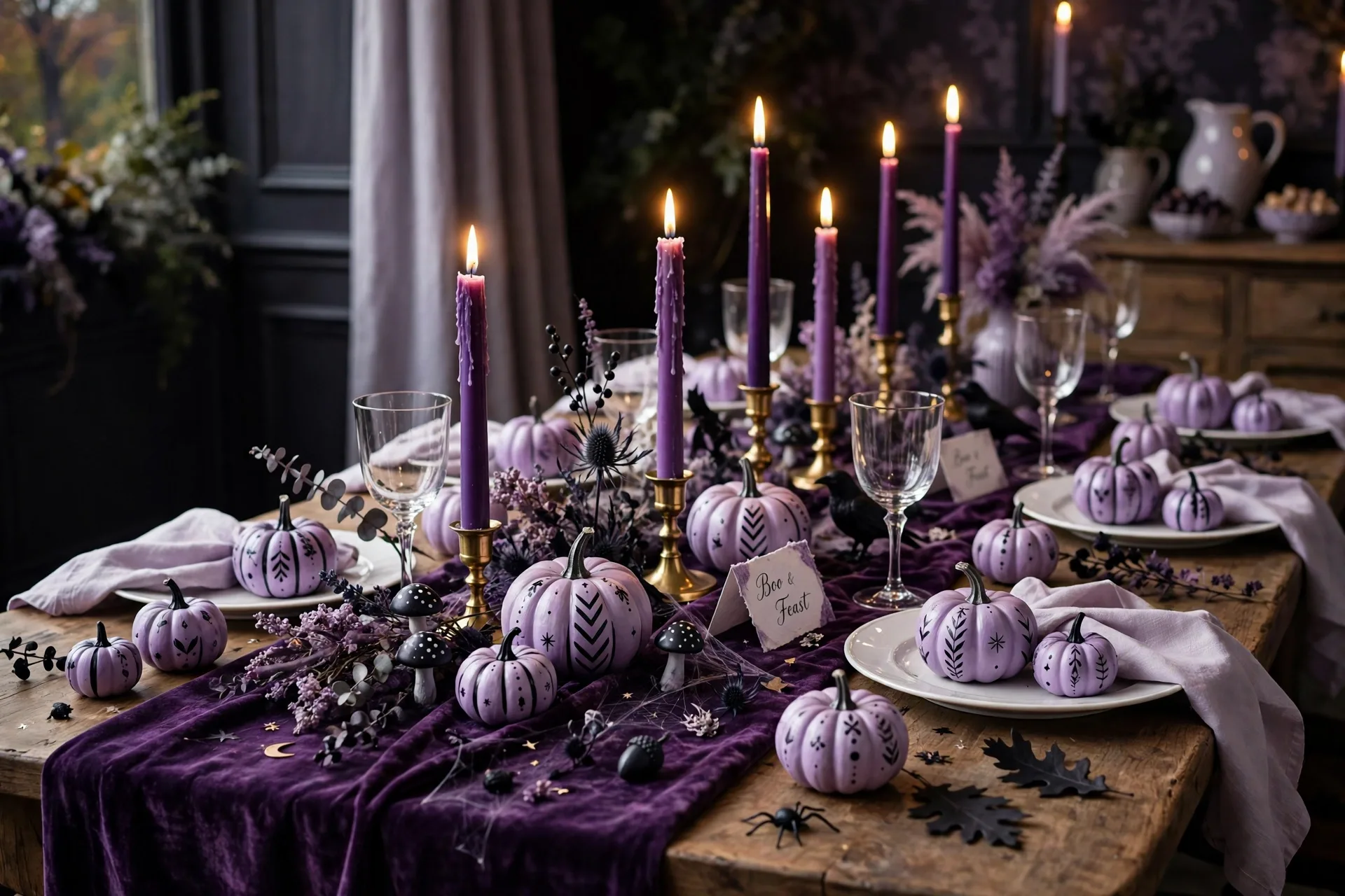 A deep purple Halloween dinner table with lilac napkins, purple taper candles in brass holders and lilac mini pumpkins