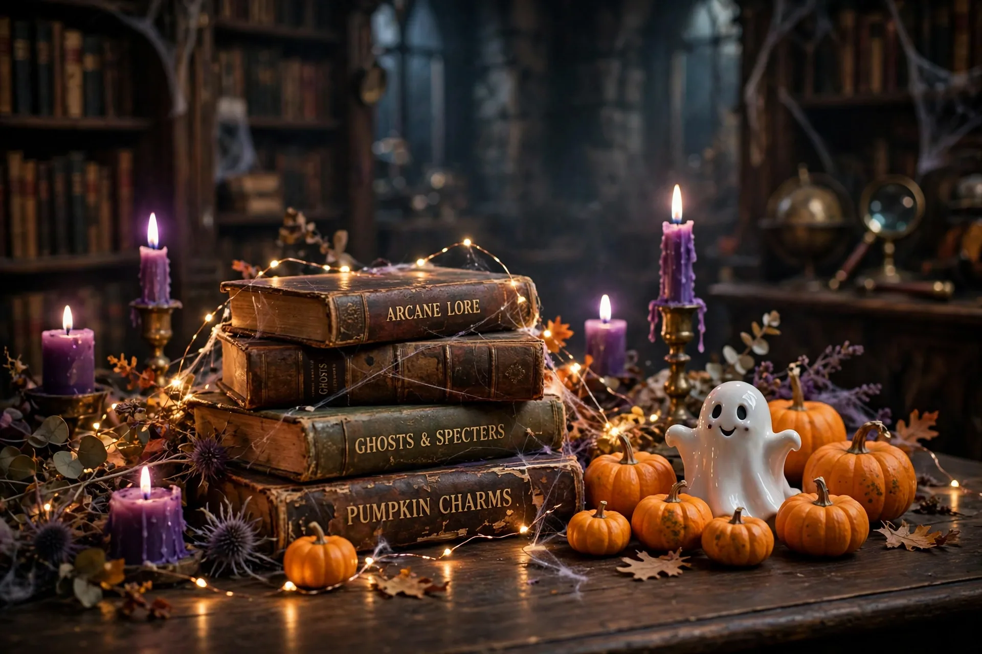 A haunted library Halloween table with stacked old books, tiny pumpkins and a small friendly ghost figurine