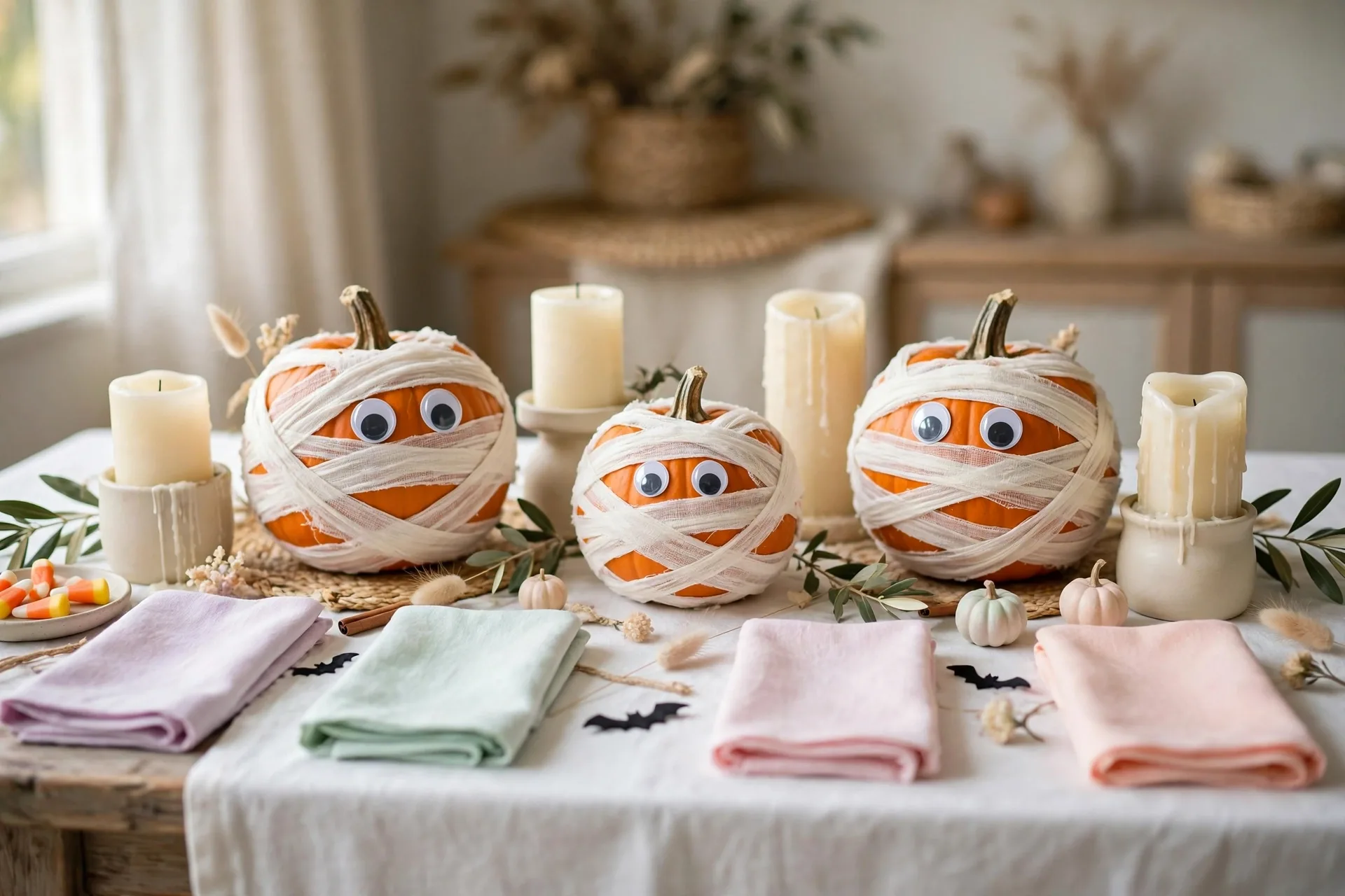 A Halloween table with white gauze mummy wrapped pumpkins with googly eyes, cream candles and pastel napkins