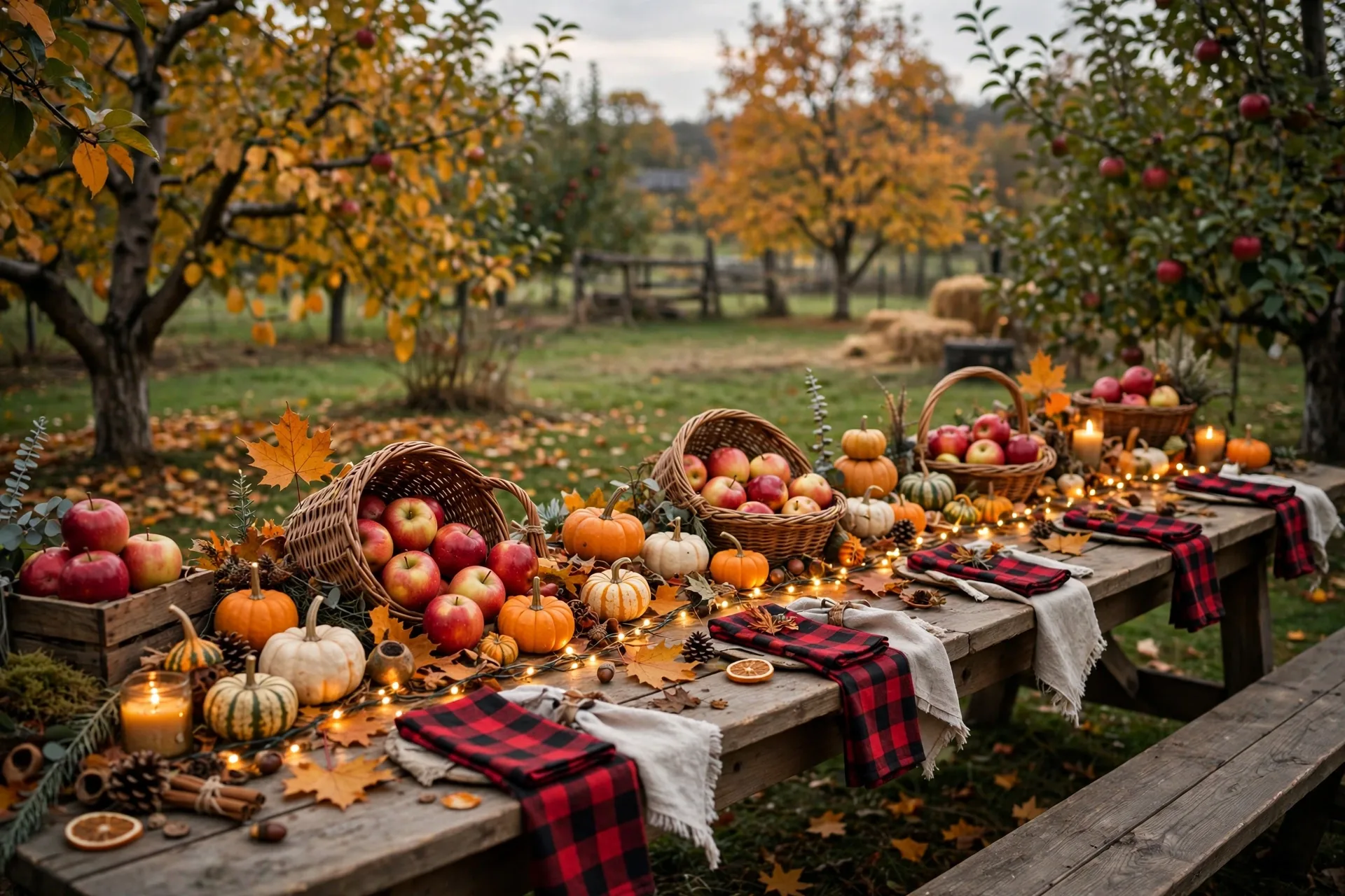 An autumn orchard Halloween table with baskets of apples, mini pumpkins and plaid napkins on a wooden farmhouse table
