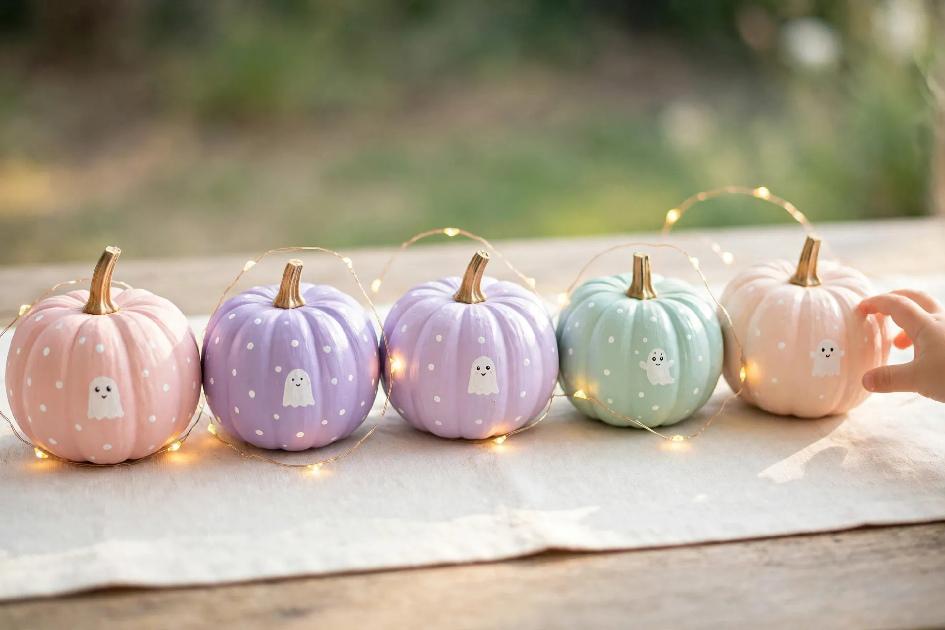 A row of pastel-painted Halloween pumpkins in blush pink, lavender and mint with cute faces, woven with fairy lights on a cream runner