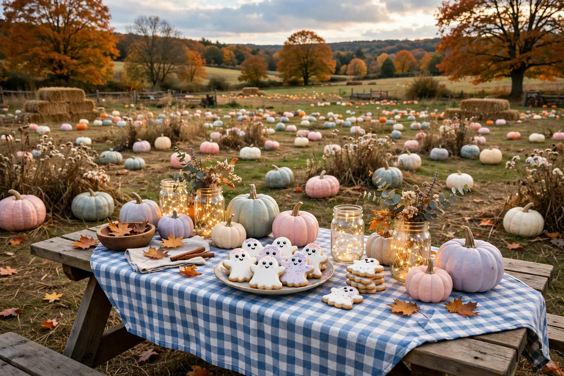 A pumpkin patch picnic table outdoors with a gingham blanket, pastel pumpkins and fairy lights in jars