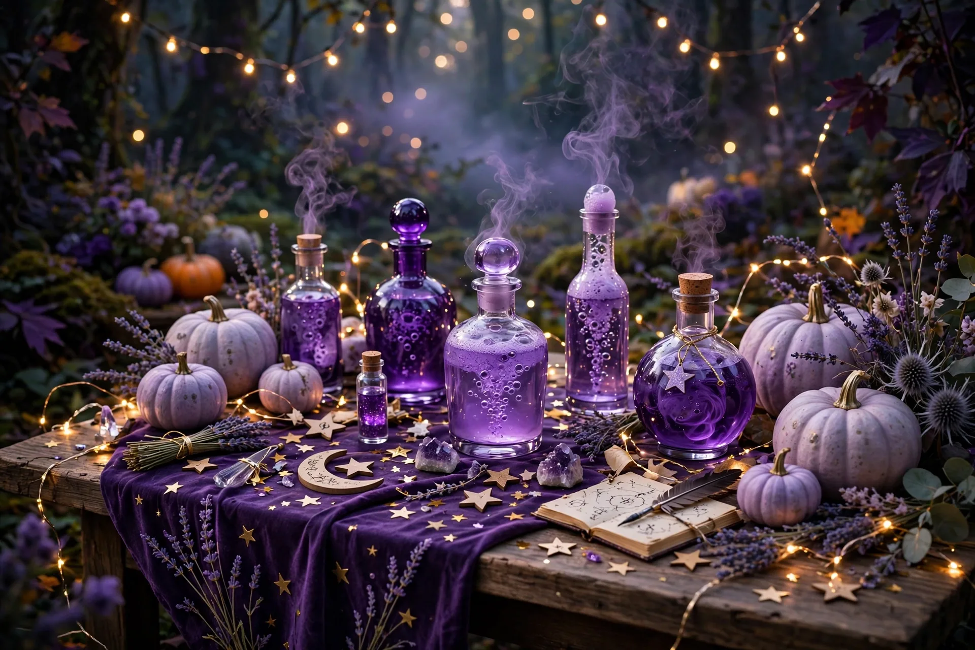A purple potion Halloween table with purple glass bottles, bubbling drinks, lavender pumpkins and gold stars