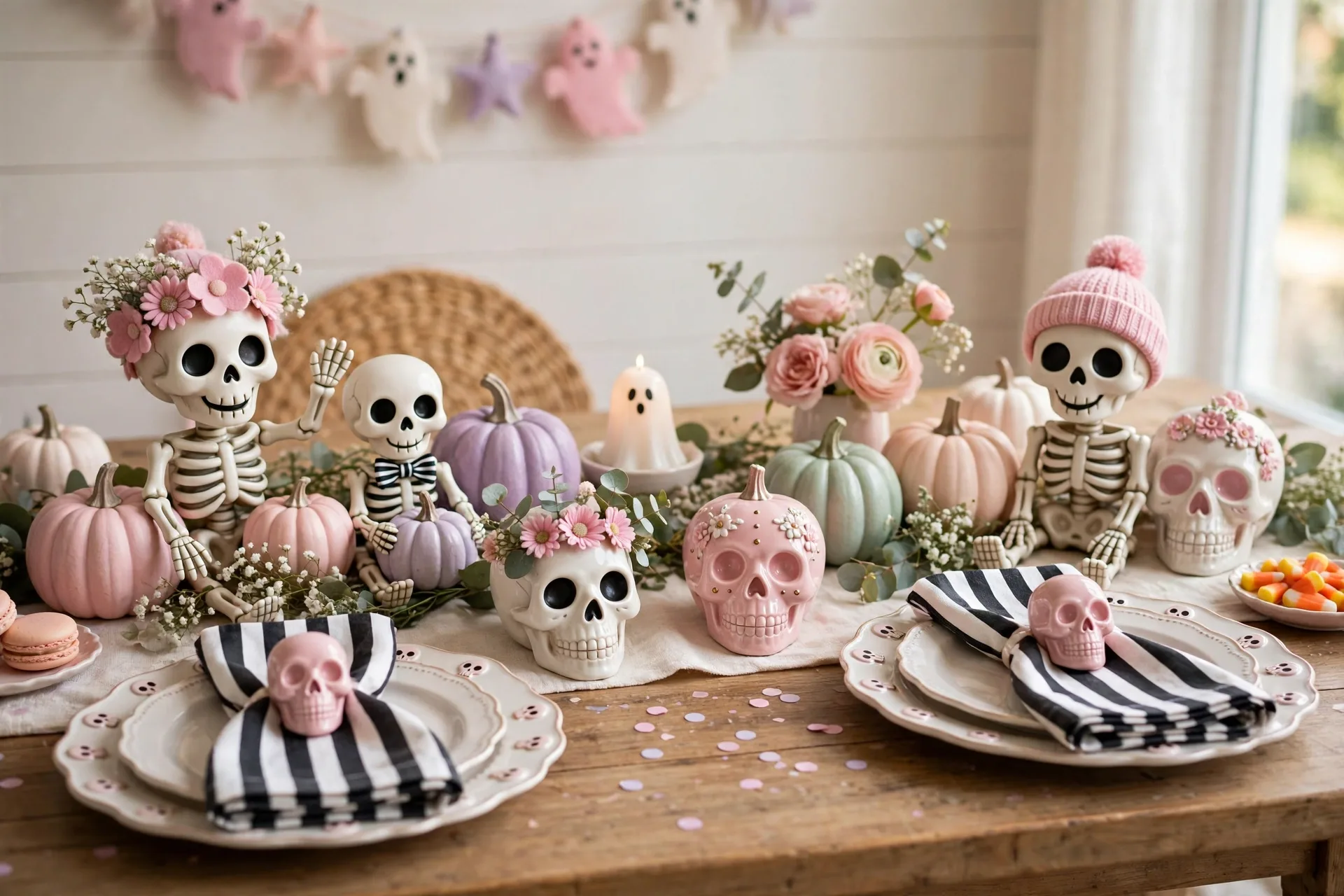 A Halloween table with cute friendly skeleton decorations, white and pink skulls and pastel pumpkins