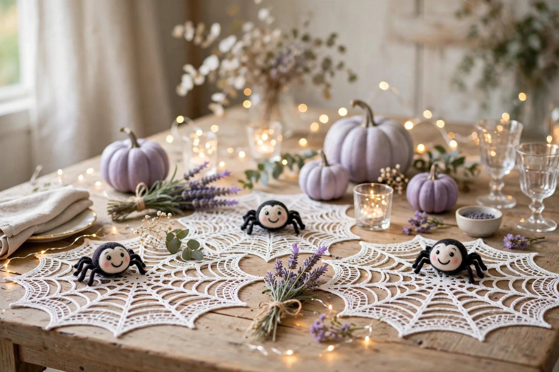 A Halloween table with white lace spiderweb placemats, cute smiling spider decorations and lavender pumpkins