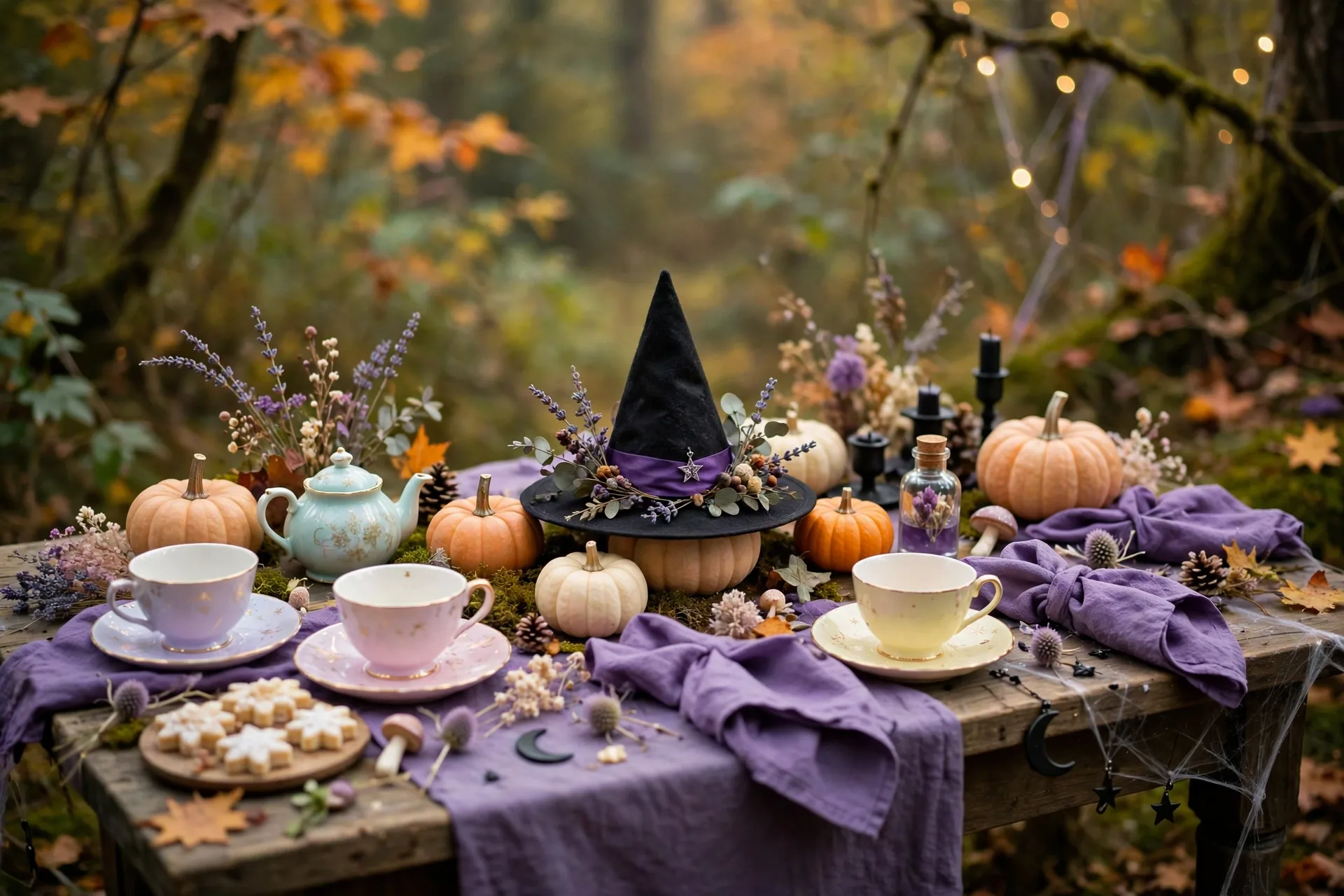 A witch tea party Halloween table with a tiny teapot, pastel teacups, mini pumpkins and a small witch hat centerpiece