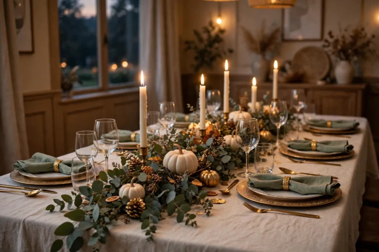 An elegant Thanksgiving dining table with a cream linen tablecloth, eucalyptus garland, lit ivory taper candles, white pumpkins, gold accents and sage linen napkins