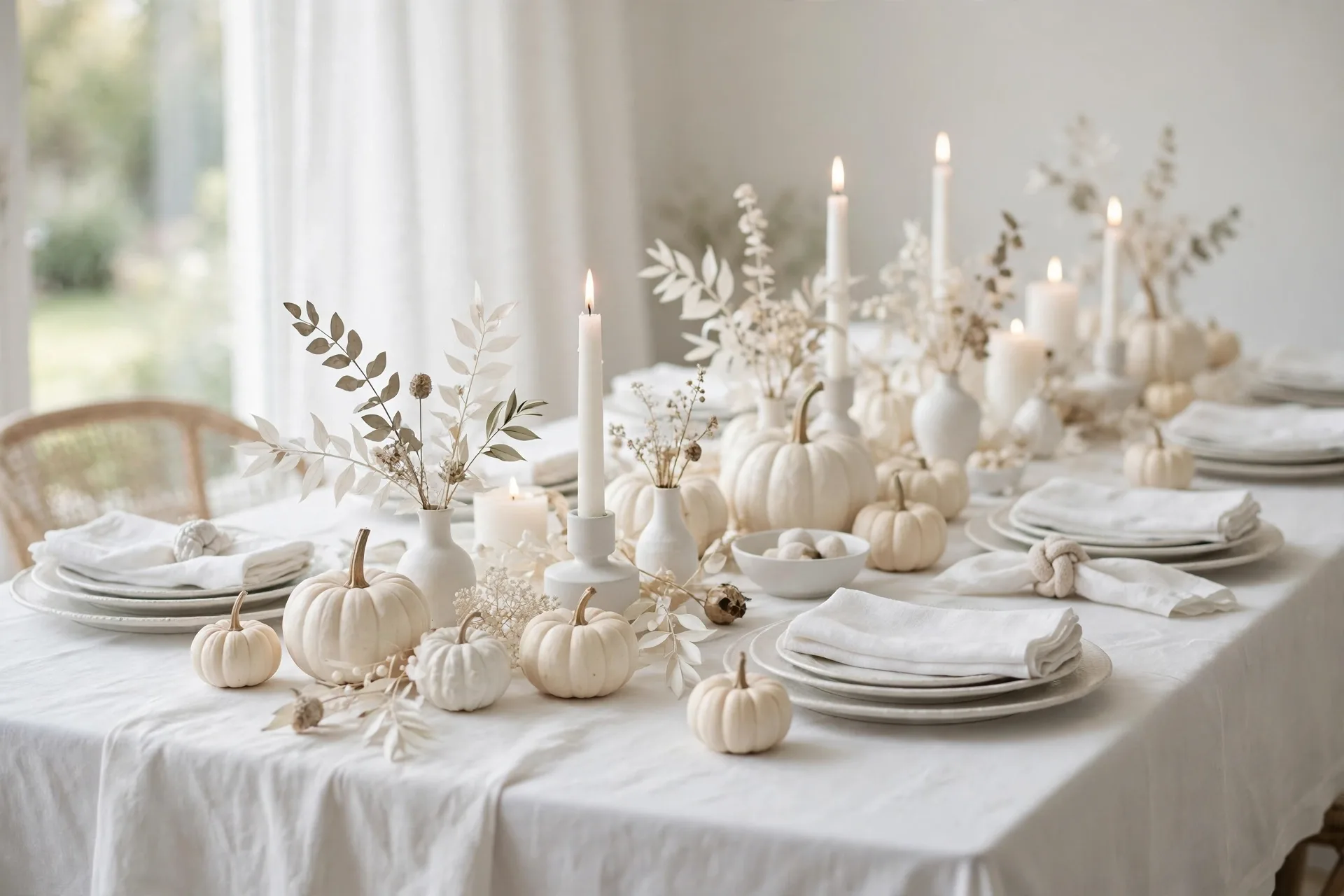 An all white elegant Thanksgiving table with white pumpkins, white plates and white candles