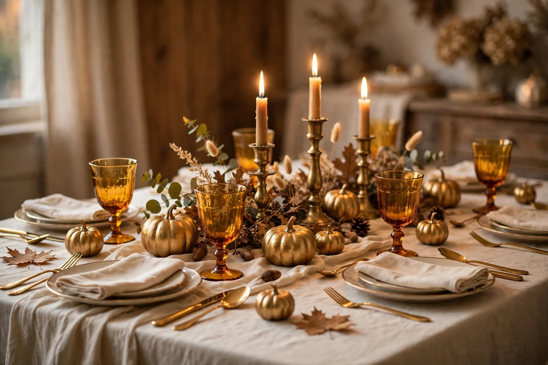 An elegant Thanksgiving table with amber glass goblets, gold flatware and gold painted mini pumpkins
