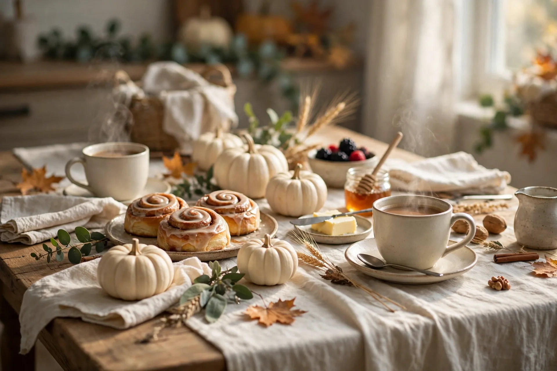 An elegant Thanksgiving morning breakfast table with a cream tablecloth, small white pumpkins and cinnamon rolls