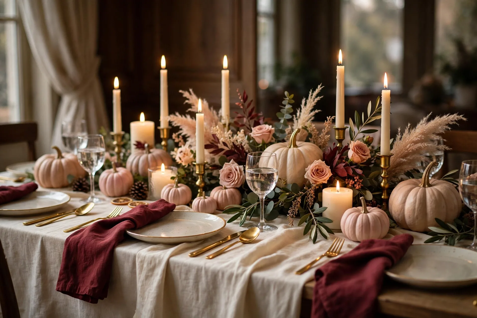 An elegant Thanksgiving table with burgundy linen napkins, blush pumpkins and gold flatware